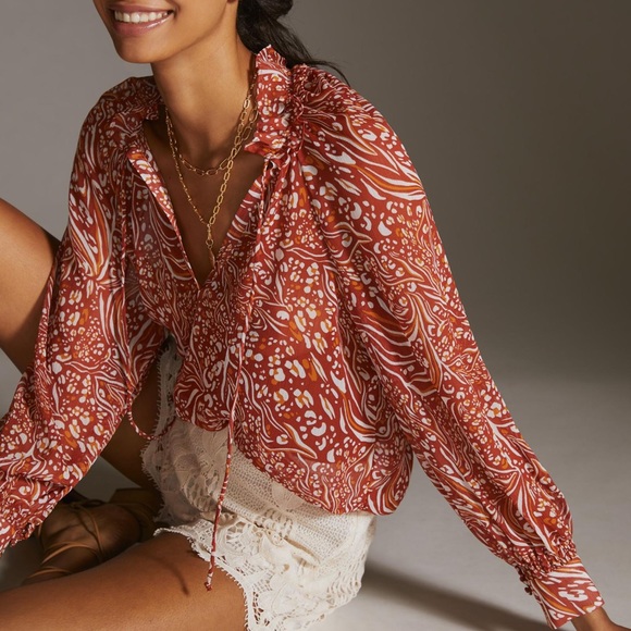 Anthropologie Tops - Anthropologie Sheer Printed Peasant Blouse